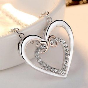 Silver Two Hearts and Rose Gold Plated Infinity Necklace with CZ Stones